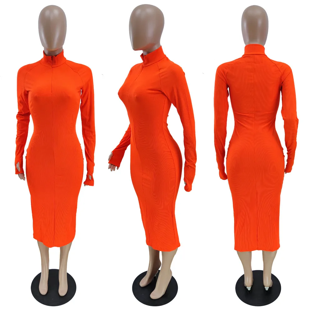 Long Sleeve Bodycon Dress | Womens Solid Color Zip Neck Long Sleeve Bodycon Dress | Womens Solid Color Zip Neck