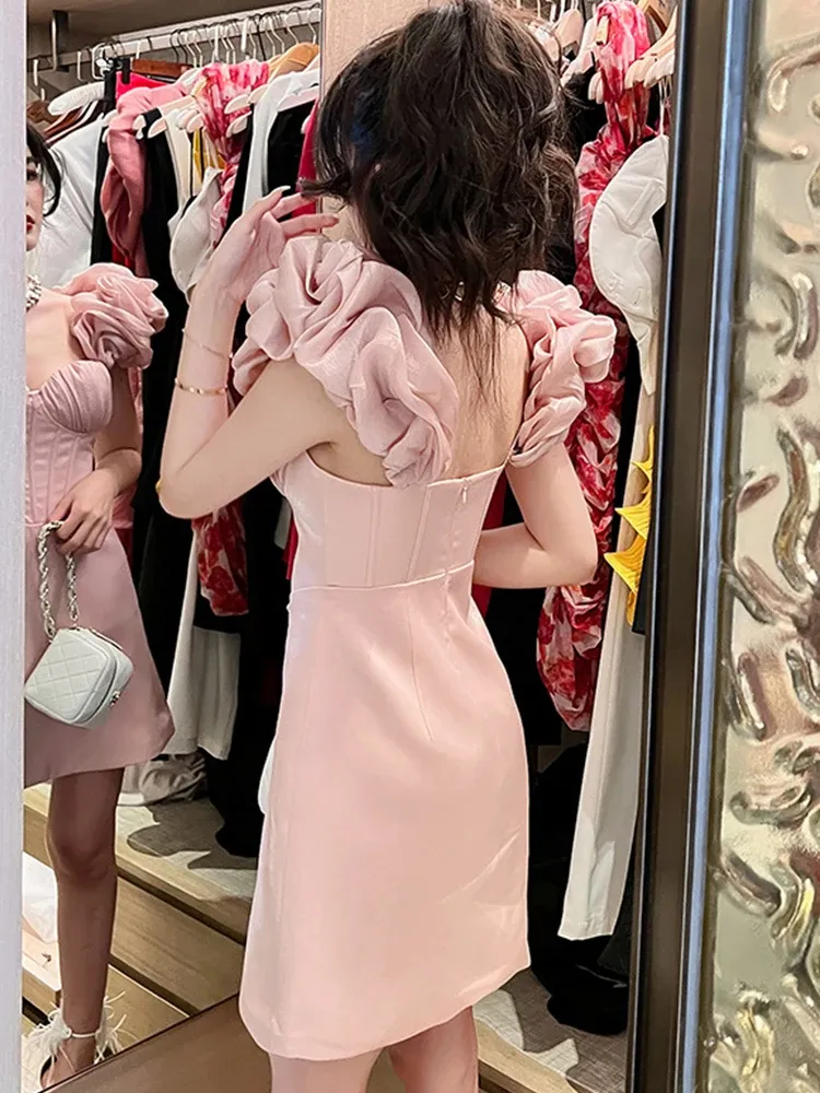 Basic Casual Dresses Summer Women Mini Dresses Elegant Sexy Sweet Satin Pink Black Strap Slip Flower Cluster Femme Party Birthday Prom Vestido Mujer 2024