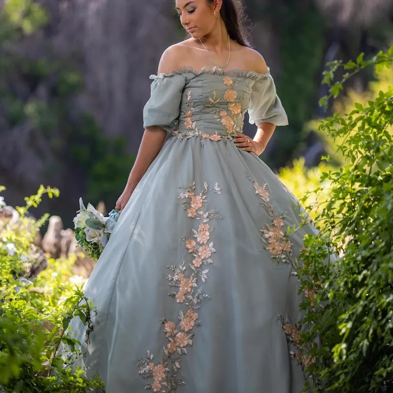 Light Green Lace Applique Sweet 16 Ball Gowns Off the Shoulder Wedding –  Viniodress