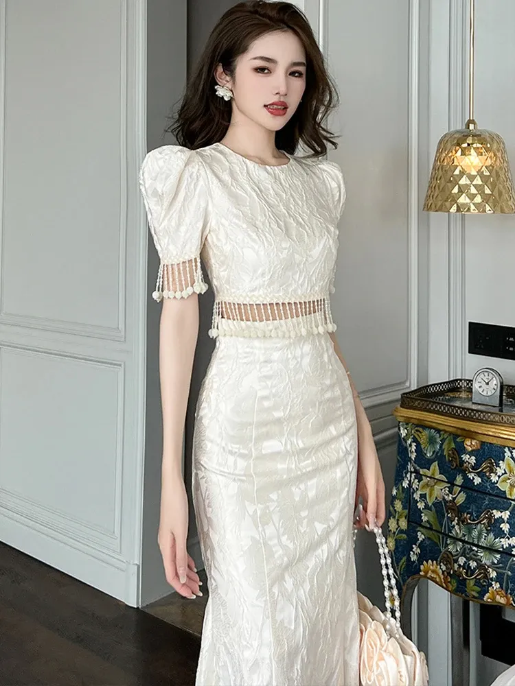 Two Piece Dress Celebrity Style Vintage Outfits Women Jacquard Satin Pearl Tassel Short Tops Long Fishtail Skirt Sets Party Prom 2024