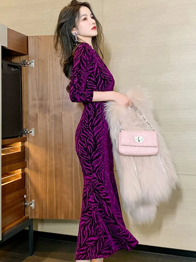 Basic Casual Dresses Jacquard Bright Silk Women Maxi Dress Retro Elegant Noble Long Sleeve Trumpet Robe Femme Evening Party Dress Celebrity Vestidos 2024