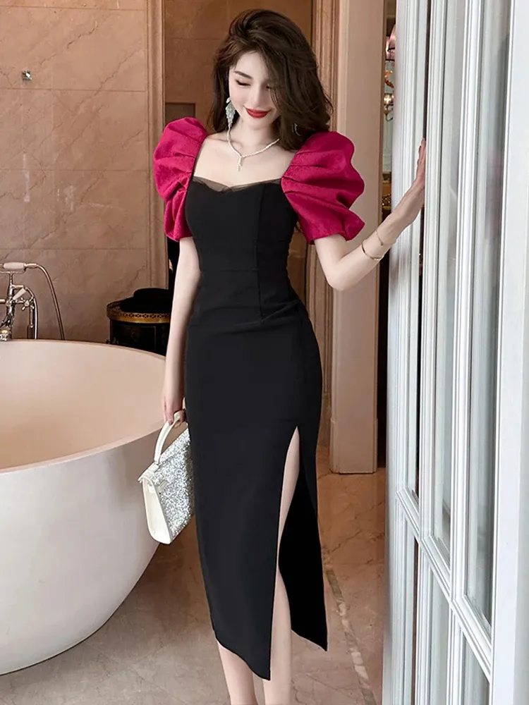 Summer Womens Milkmaid Maxi Dress Elegant Korean Sweet Retro Black