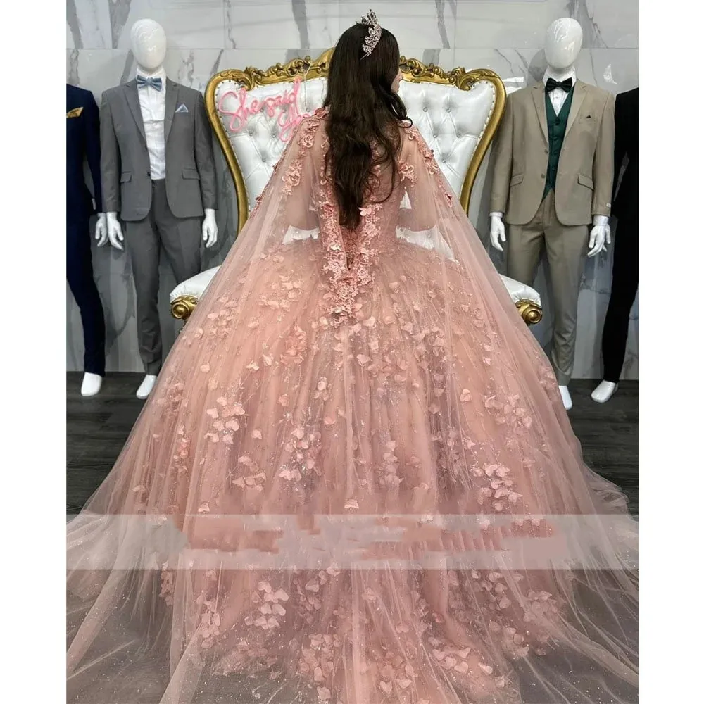 Pink Quinceanera Dresses Sequins Beaded 3D Floral Applique With Cape Corset Back Tulle Custom Sweet 15 16 Princess Pageant Ball Gown Vestidos