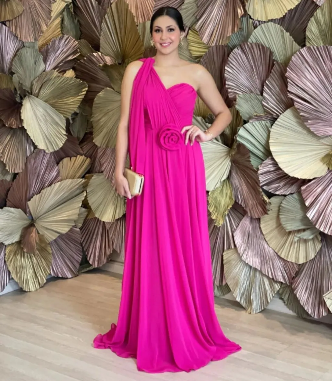 One Shoulder Chiffon Evening Dresses A Line Brazilian Hot Pink Pleated Floor Length Prom Formal Party Dress for Women