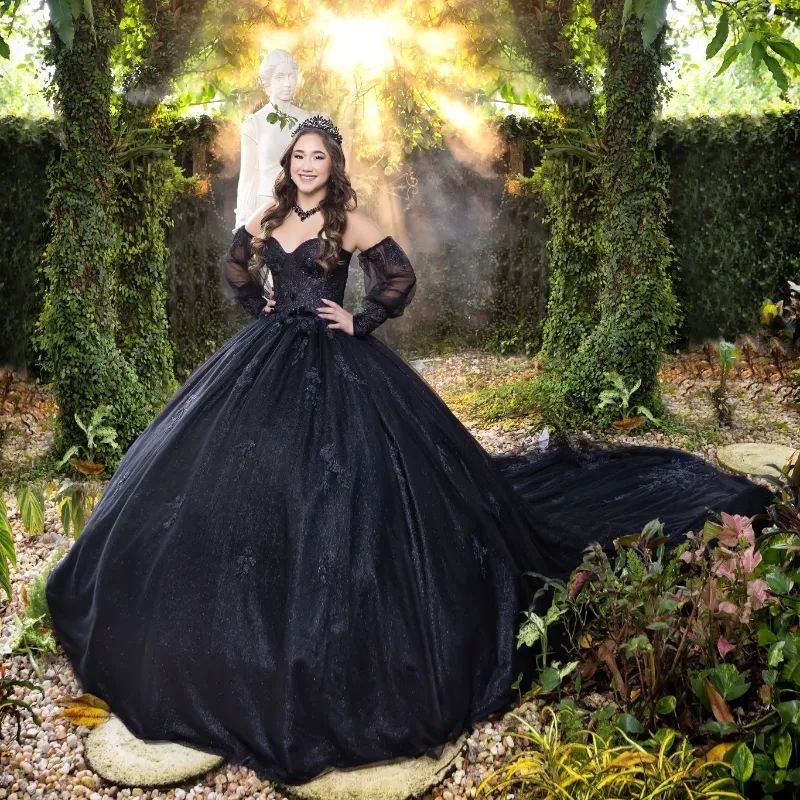 Princess Black Satin Off-the-Shoulder Ball Gown – Modsele