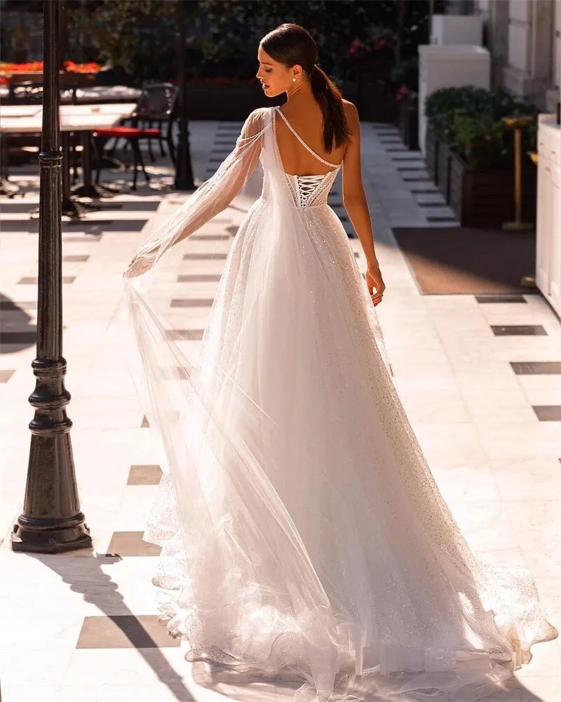 one shoulder sweetheart neckline wedding dress A-Line Spaghetti Strap Sweetheart Sparkle Wedding Dress with One Shoul HAREM's Brides