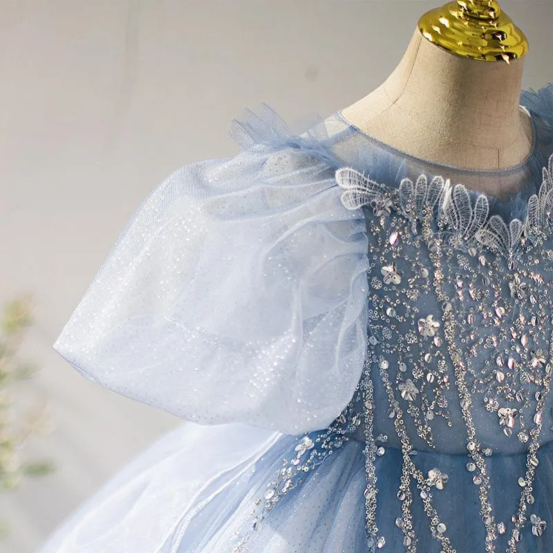 Blue Sheer Lace-Up Back Flowergirl Dress with Sequined Lace and Tulle Ball  Gown Silhouette from Dhgate Designer Kids' Dresses - price 90.46