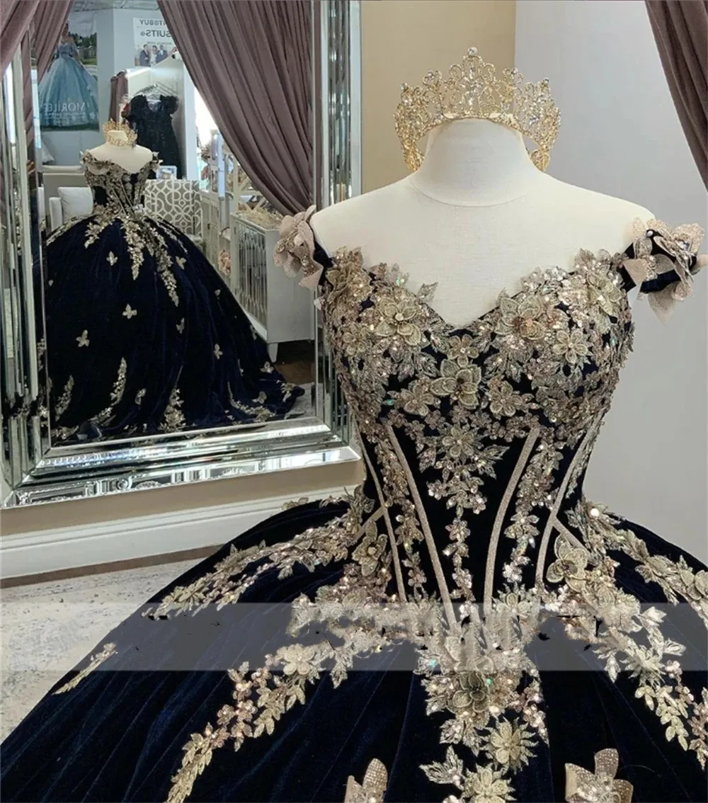 Gold Applique Navy Blue Butterfly Gown for Mexico Girls - Perfect for winter wonderland quinceanera, Birthday Parties, and More! Gold Applique Navy Blue Butterfly Gown for Mexico Girls - Perfect for winter wonderland quinceanera, Birthday Parties, and More!