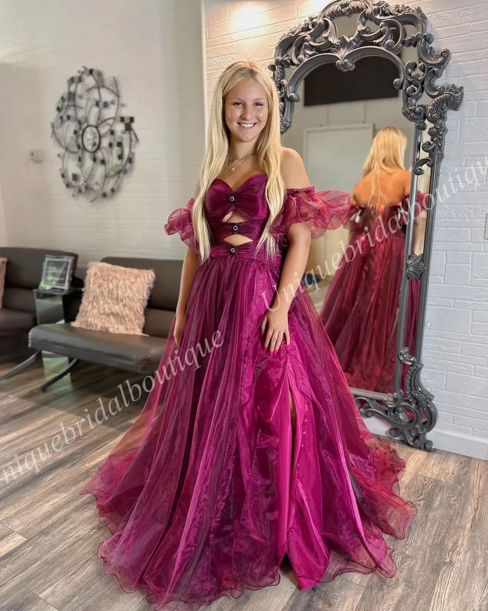 Magenta Organza Prom Dress 2K24 Removable Balloon Sleeve Key Hole Lady Pageant Winter Formal Cocktail Party Gown Red Carpet Runway Drama Black-Tie