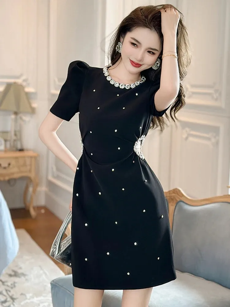 Basic Casual Women Dresses Summer Elegant Sweet Black Shiny Diamond Hollow Cut Out Waist Short Gown Femme Banquet Party Vestidos Fashion Show Lady 2024