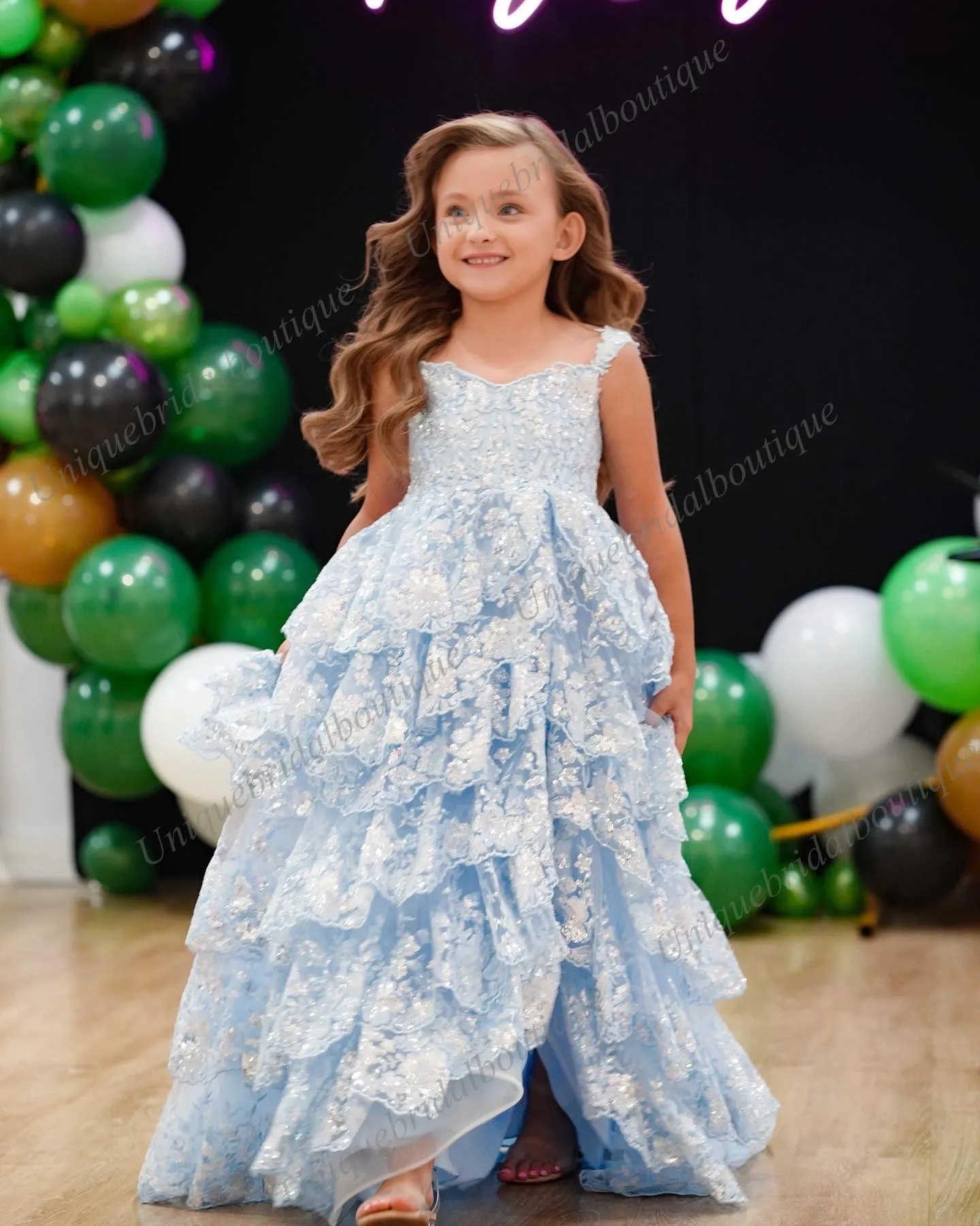 Ruffle Light Blue Girl Pageant Dress 2024 Slit Layer Sequin Lace Little Kid Birthday Formal Cocktail Party Gown Infant Toddler Teens Preteen Tiny