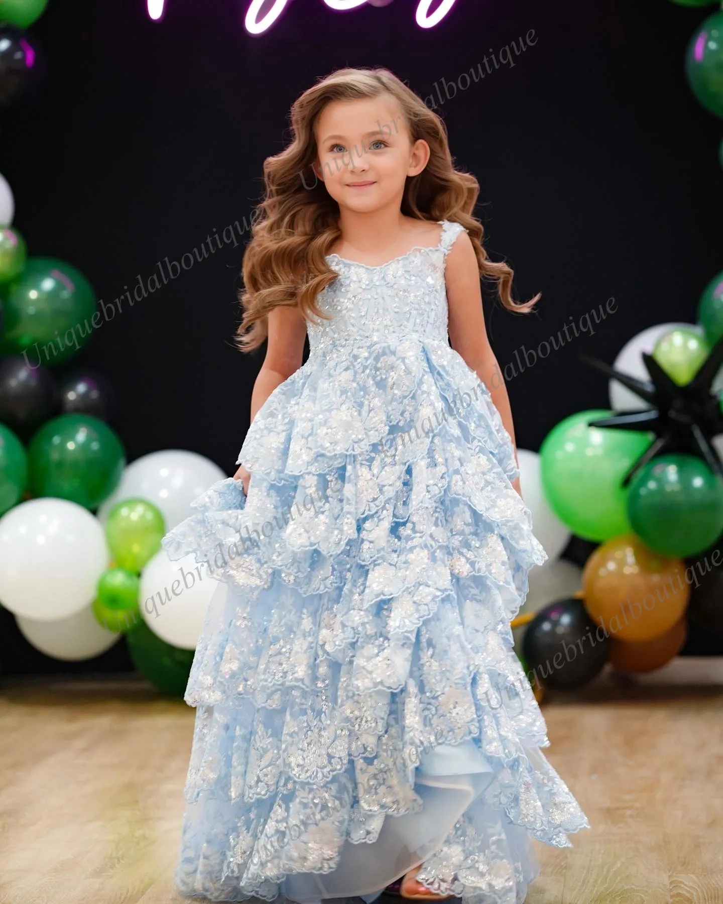 Ruffle Light Blue Girl Pageant Dress 2024 Slit Layer Sequin Lace Little Kid Birthday Formal Cocktail Party Gown Infant Toddler Teens Preteen Tiny