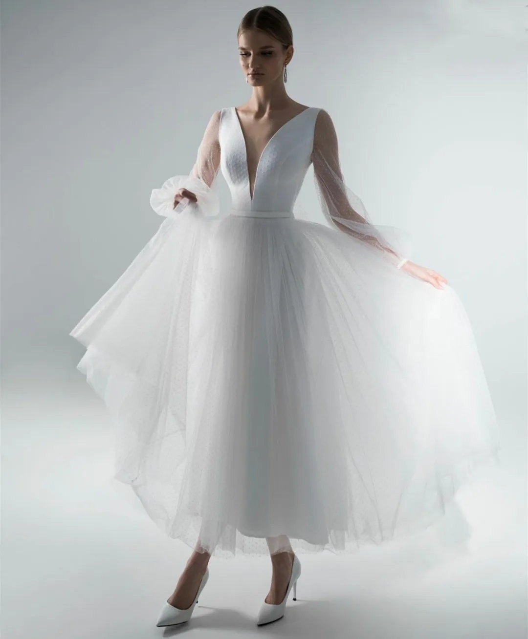 Save Big on Bulk Tulle Bride Dresses A Line Tea Length Wedding Dresses,  Elegant Ivory Dresses: Short Tulle Bridal Gown With Long Sleeves, Above  Ankle