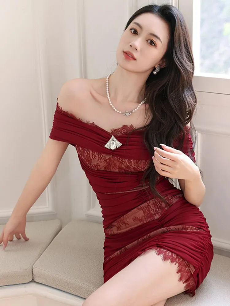 Basic Casual Dresses Sweet Pretty Engagement Red Dress for Women Banquet Bodyocn Skinny Lace Spliced Short Gown Female Birthday Party Wedding Vestido 2024