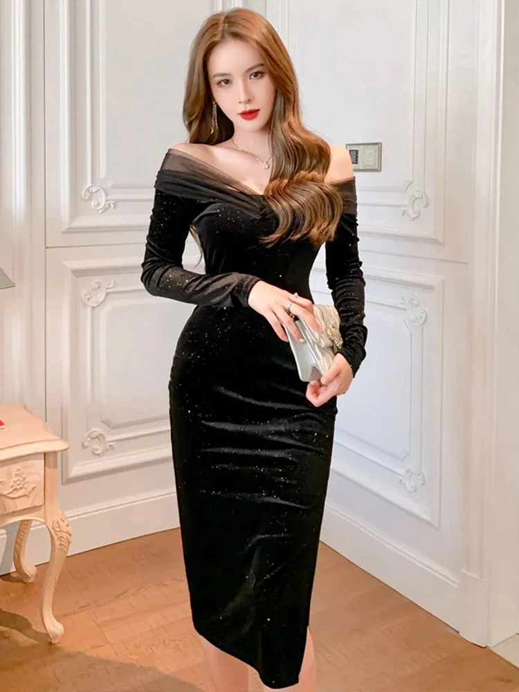 Basic Casual Women Dresses New Vintage Elegant Women Dress Black Sequins Velvet Slash Neck Off Shoulder Female Clothes Split Bodycon Banquet Evening Dress 2024