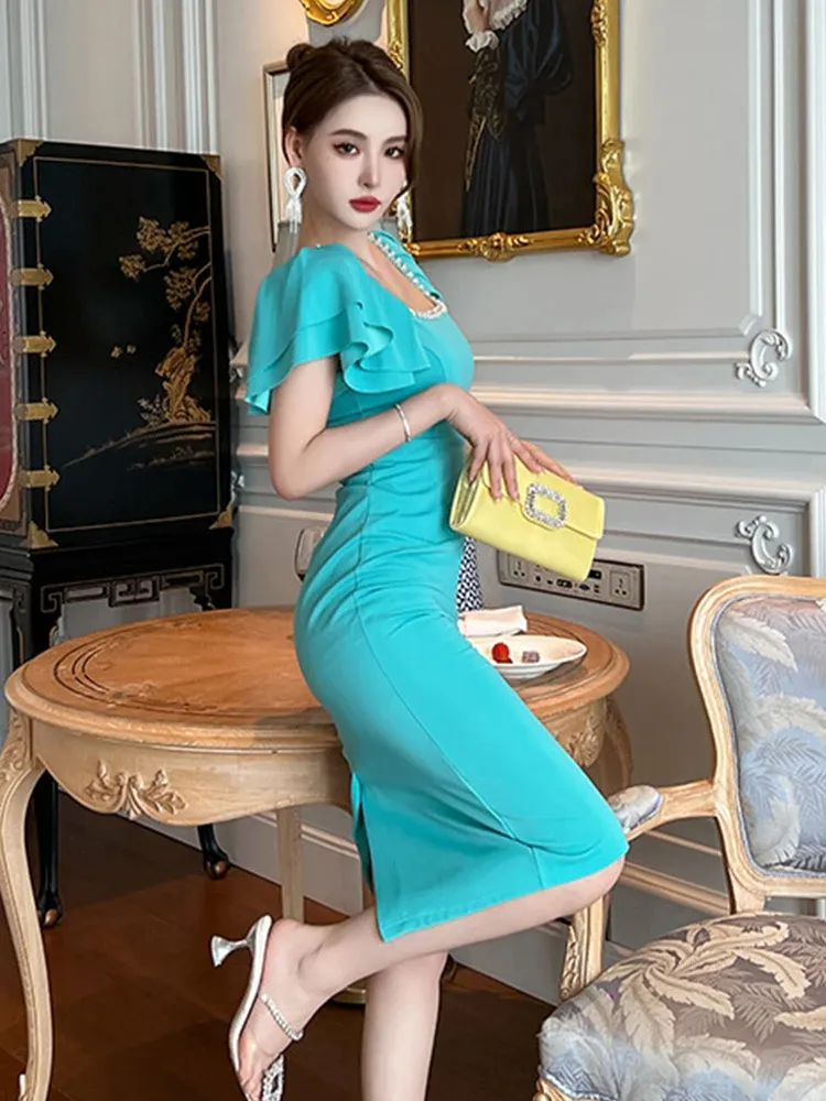 Basic Casual Women Dresses Sweet Elegant Mdi Dresses for Woman Yellow Blue Solid Pearl Ruffles Split Bodycon Robe Femme Office Lady Street Vestidos 2024