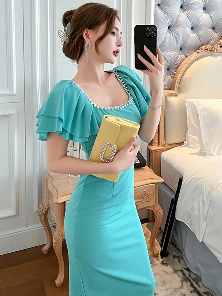 Basic Casual Women Dresses Sweet Elegant Mdi Dresses for Woman Yellow Blue Solid Pearl Ruffles Split Bodycon Robe Femme Office Lady Street Vestidos 2024