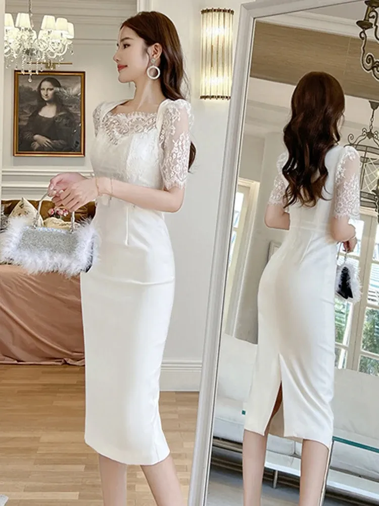 Basic Casual Women Dresses New Sweet Fairycore Gentle White Dress Ladies Sheer Embroidery Lace Splice Flower Split Midi Gown Party Robe Femme Vestidos 2024