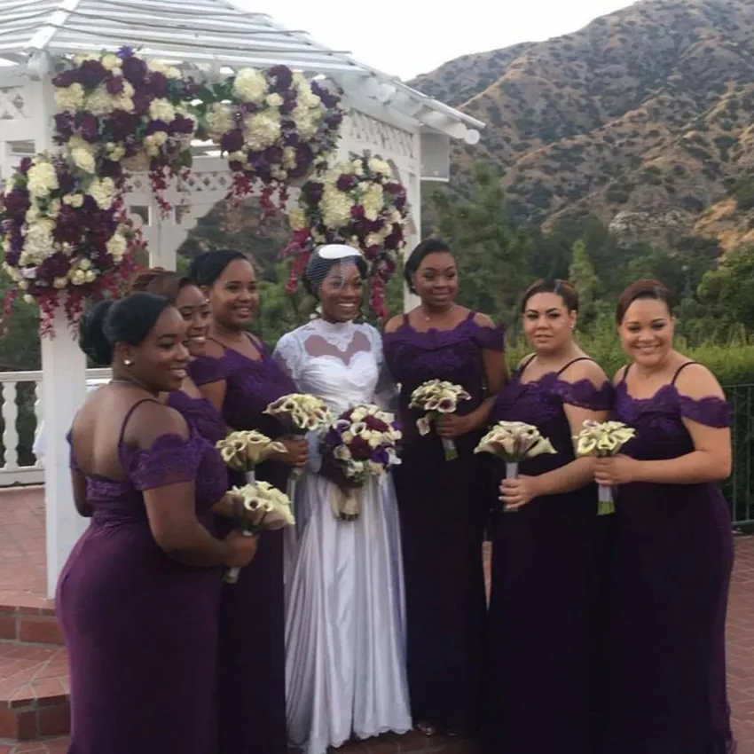 Off-Shoulder Purple Mermaid Purple junior bridesmaid dresses with Lace Detailing and Sweep Train - Perfect for Country Weddings and Plus Size Maid of