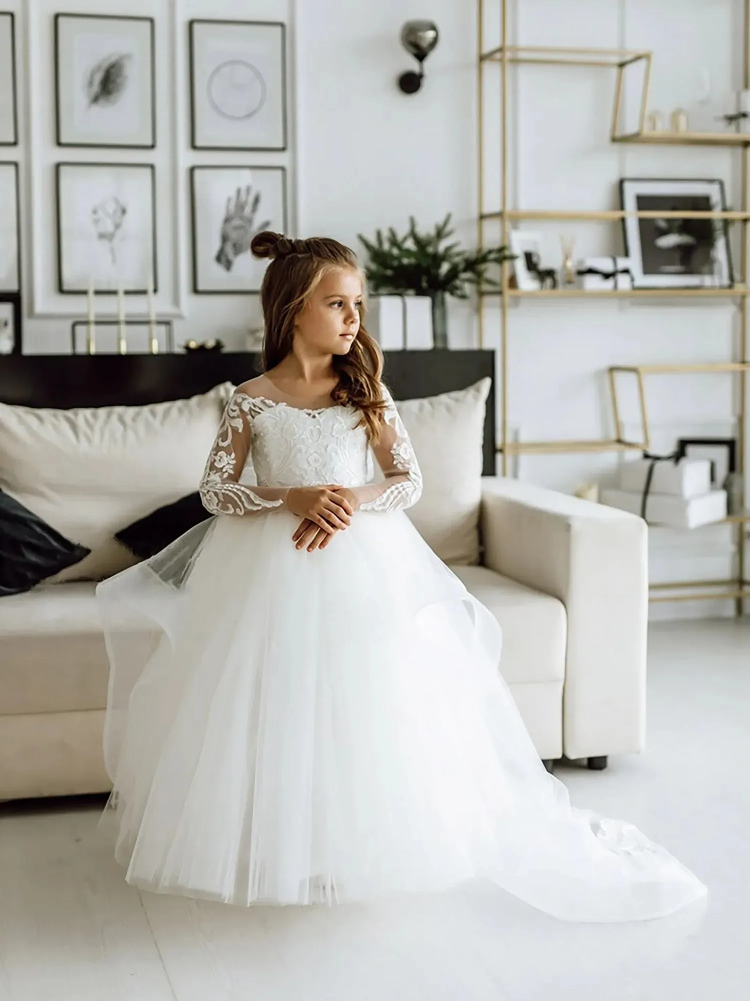 Long Sleeve Lace Flower Girl Dress For Girls 2024 White Tulle Communion Dresses For Kids From Allloves 63.75 DHgate.Com