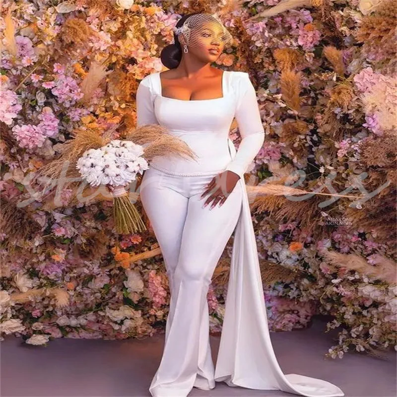 2024 Elegant Boho Bride Jumpsuit Dressy Jumpsuit For Wedding With Court  Train, Soft Satin, Long Sleeves, And Square Neckline Civil Nigeria Outfit  For Gala Mujer And African Bridal Gowns From Startdress, $83.05