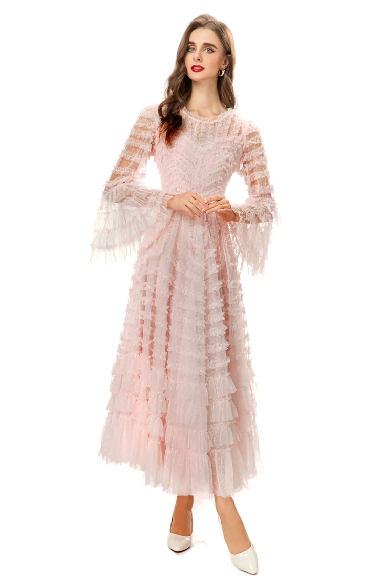 Runway Dresses For Women O Neck Long Flare Sleeves Tiered Ruffles Layered  Evening Gown Elegant Designer Party Dress From Xbeauty, $91.54 | DHgate.Com