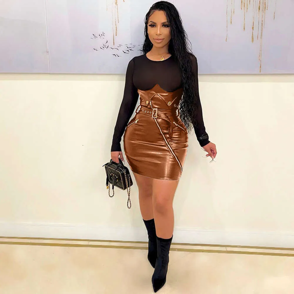 Vestidos Elegantes Vestido Cuero Manga Larga Sexy PU Faux Leather