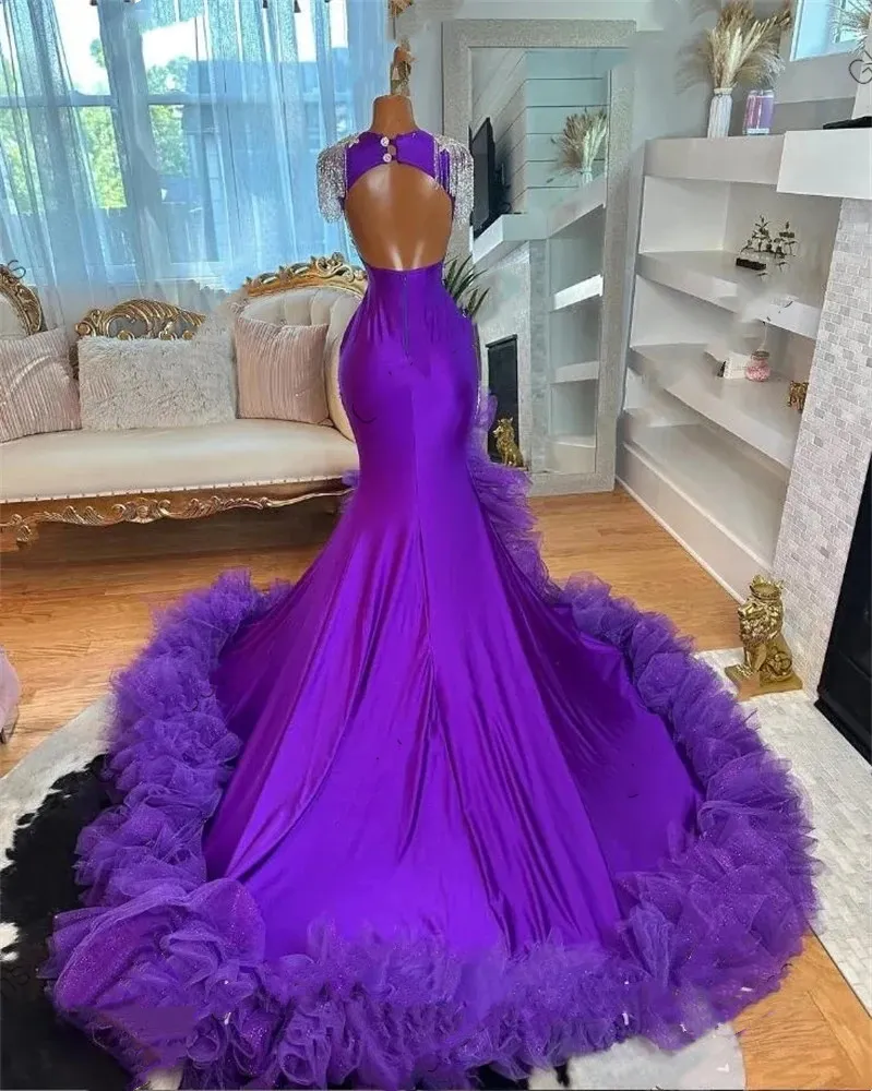 Red O Neck Long Prom Dress For Black Girls 2023 Beaded Crystal Birthday  Party Dresses Ruffles Evening Gowns Mermaid High Slit