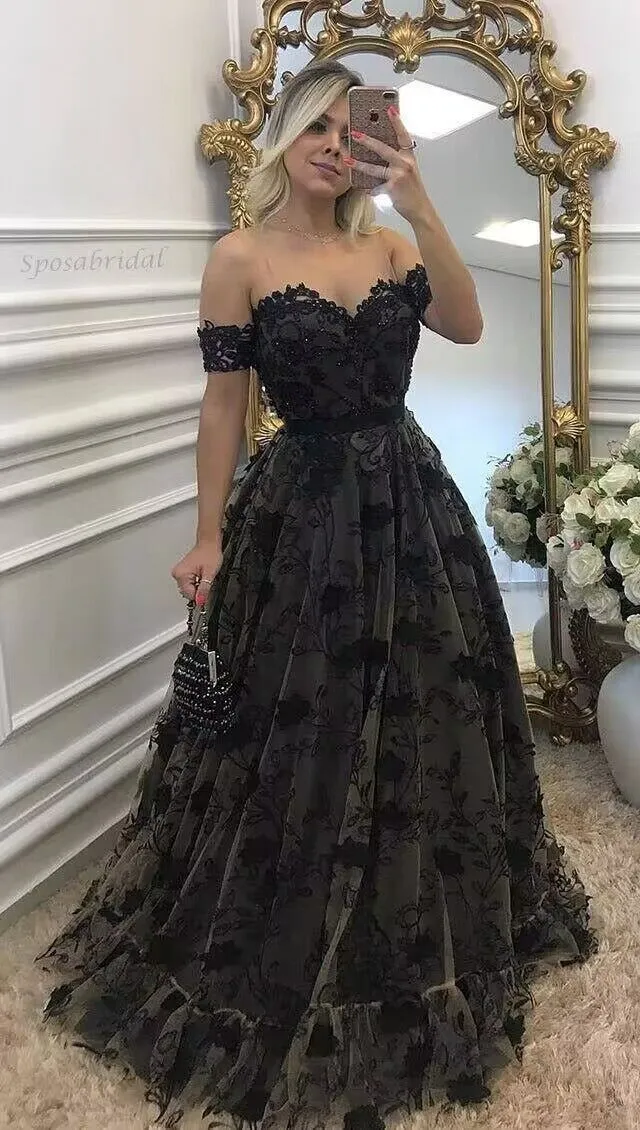 black lace off the shoulder dress with sleeves Black Off-the-Shoulder Ball Gown Wedding Dress with Sleeves – 27dress