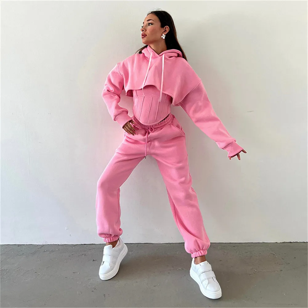 Designer Fall Winter Tracksuits Women 3 Pieces Sets Long Sleeve Hooded Hoodie Vest and Sweatpants Casual Fleece Sweatsuits Jogger Suits Wholesale