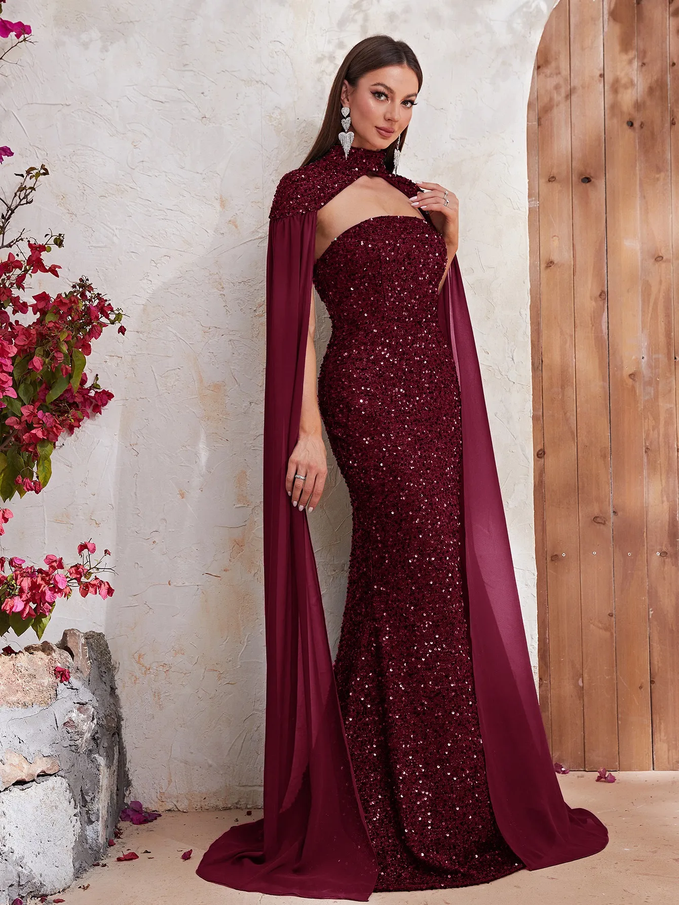 Sleeveless Shawl Beading Sequined Lace Evening Gowns - Power Day Sale