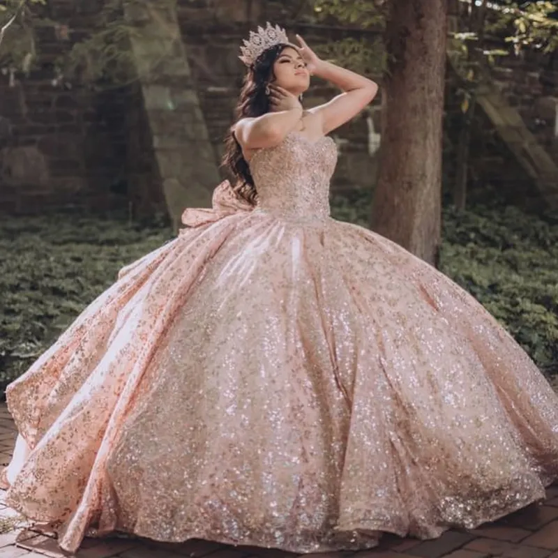 Rose Gold Sparkly Appliqu Beads Crystal Bow Quinceanera Ball Gown Dress  Lace-Up Back from Dhgate Quinceanera Dresses - price 608.7
