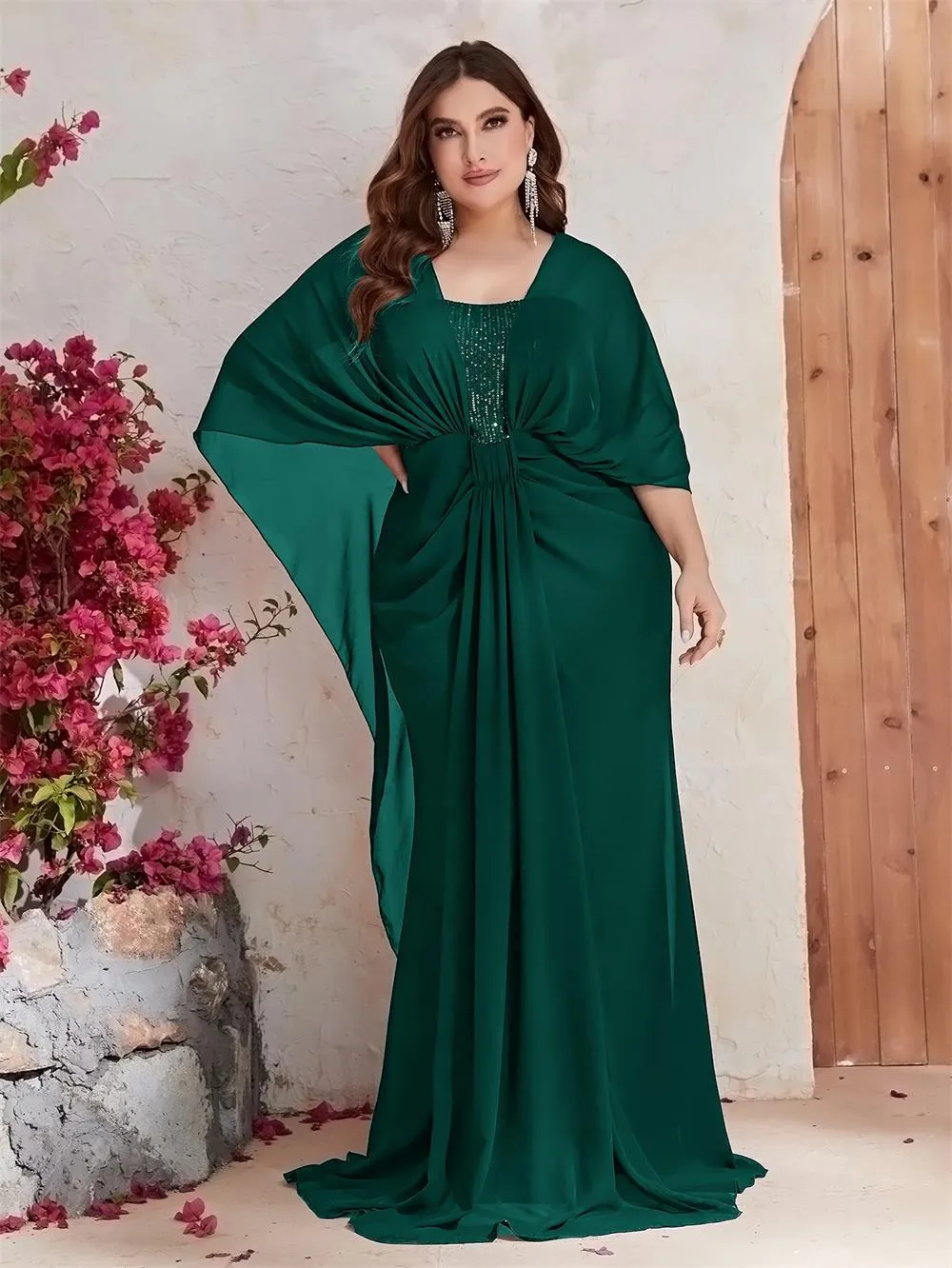 Large Black Evening Dress with Sequin Chiffon, V-Neck Square, Long Sleeve,  Sweep Train, Plus Sizes from Dhgate Evening Dresses