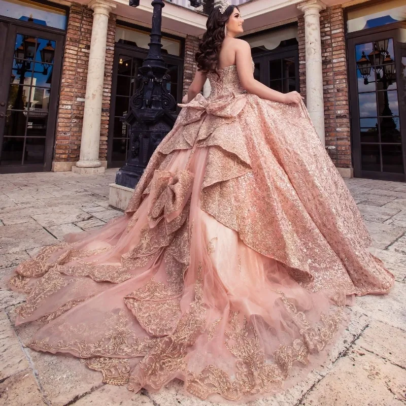 2024 Rose Gold Crystal Quinceanera Dress Off Shoulder Ball Gown Tulle Sweetheart Beading Appliques Sweep Train Lace up Back Custom Made