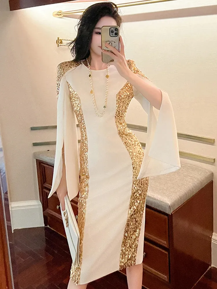 Basic Casual Women Dresses Summer Host Banquet Evening Dress Women Luxury Style Gold Sequins White Slim Robe Femme Party Prom Vestidos Catwalk Gown 2024