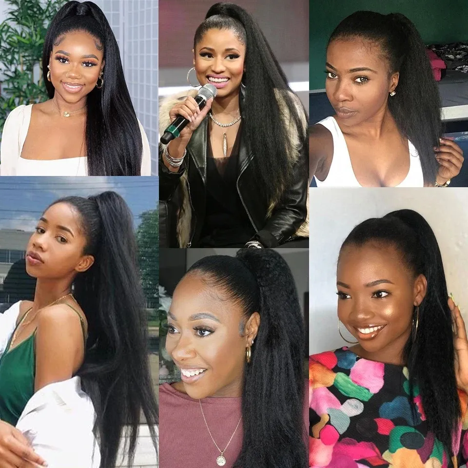 ポニーテールヘアエクステンション キンキー ストレート リアル ヒューマン ヘア ポニーテール エクステンション 黒人女性用 ナチュ  ポニーテールエクステンション人毛、 14-22 Inch Real Human Hair Ponytail Extension -  Sovo-滑らかなヨーロッパ, image size:960x960