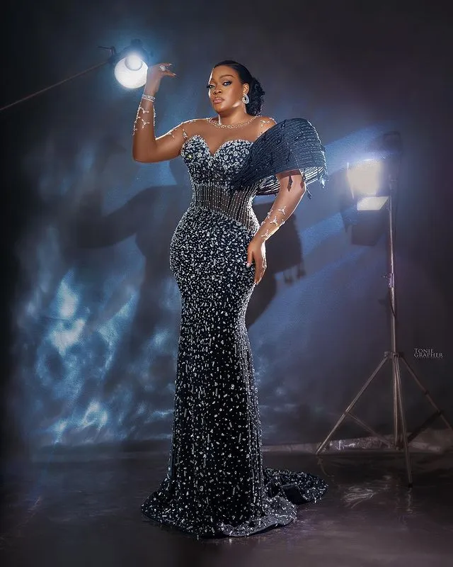 Arabic Black Mermaid Black Sparkly Prom Dress With Sequined Lace