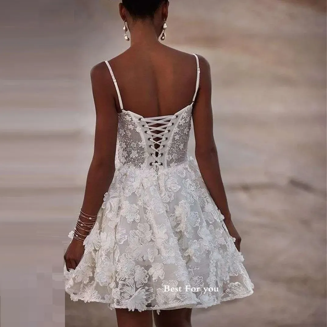 Glittery Lace Boho Lace Wedding Dress With Spaghetti Straps, 3D