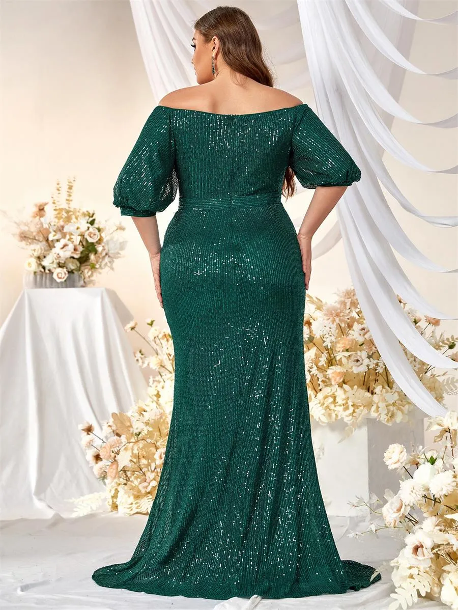 green emerald velvet dress Elegant Off The Shoulder Lace Mermaid Evening Dresses with 3/4 Sleeves main image 1