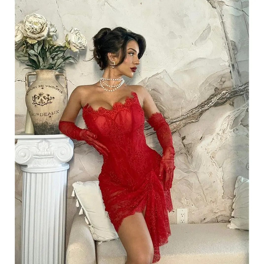 Red Lace Mermaid Kohls Homecoming Dress With Corset Strapless Asymmetrical  Mini Dress For Womens Cocktail Party And Birthday From Bestonesell, $156.79