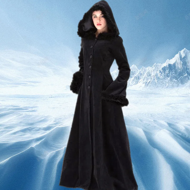 Women039s Wool Blends Women Autumn Winter Vintage Coat Steampunk Floor Length Hooded Medieval Warm Fur Trim Maxi Gothic Witch4577622