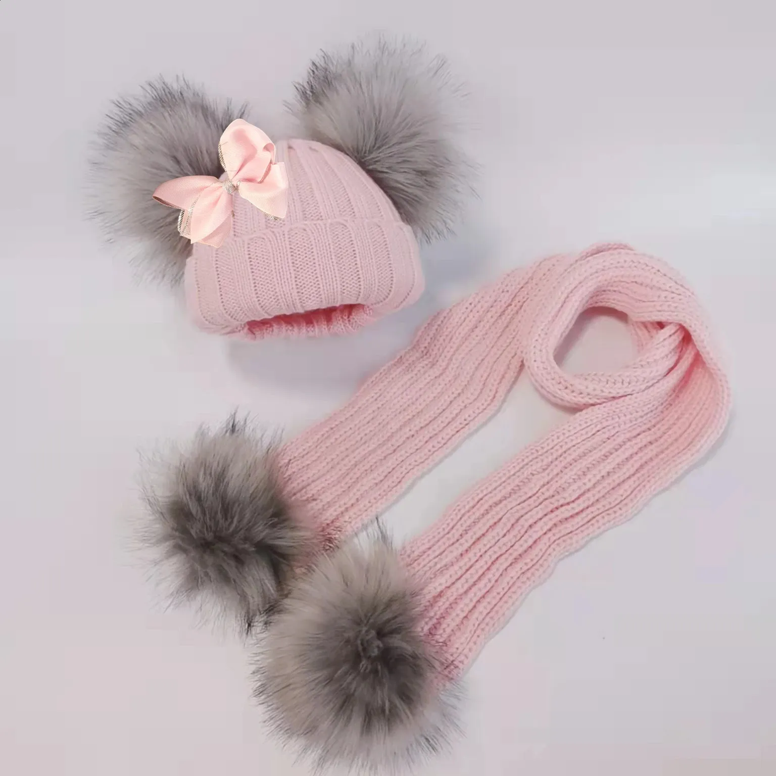 Pillows kids winter toddler baby faux fur butterfly ribbon tie hat cap beanie with 2 two double pom poms scarf ears for girl 231030