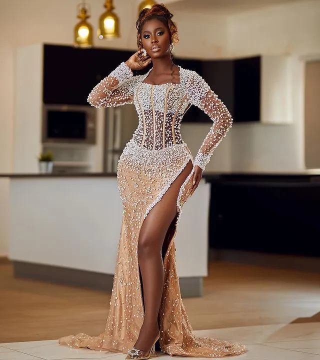 Gold beaded cheap formal dress