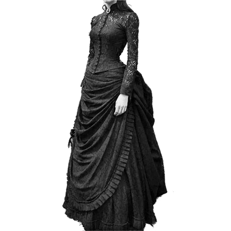 Vintage Victorian Black Bustle Wedding Dress, Gothic Medieval Bridal Gown  with High Neck and Long Sleeves, Corset Winter Cosplay Masquerade Dress