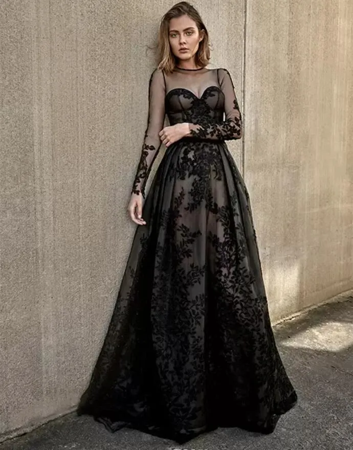 Black Gothic Wedding Dress Illusion Lace Sheer Long Sleeves, Floor ...