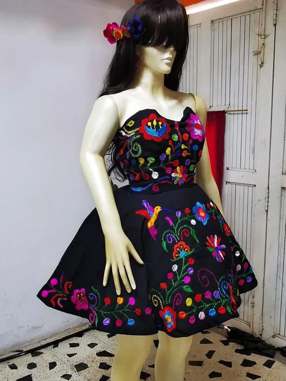 2023 Modesto vestido de fiesta bordado mexicano Vestidos de fiesta Mini sin tirantes Sat n Una l nea Vestido de fiesta corto Vestidos de noche