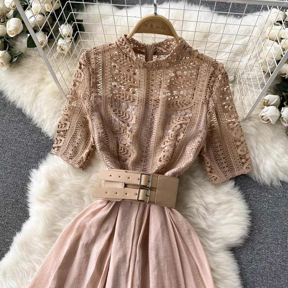 Elegant Vintage Lace Patchwork Long Lace Midi Dress With Belt For Women