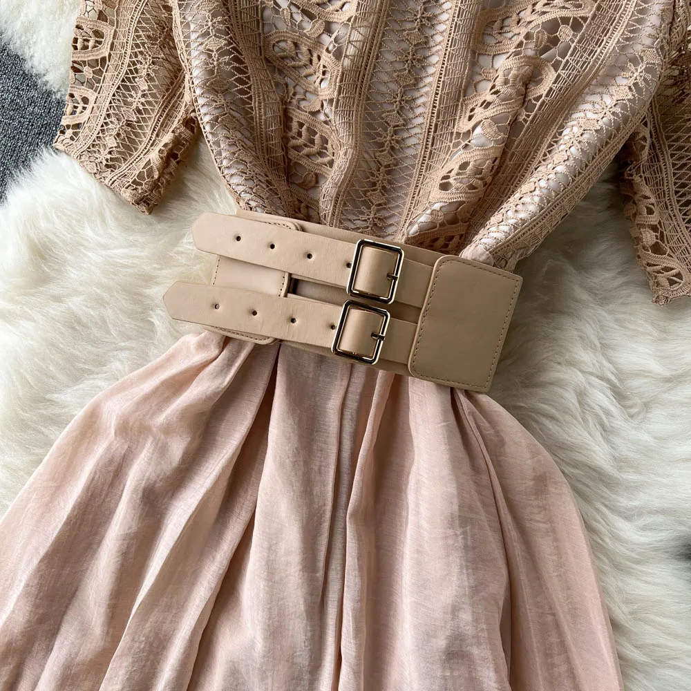 Elegant Vintage Lace Patchwork Long Lace Midi Dress With Belt For Women