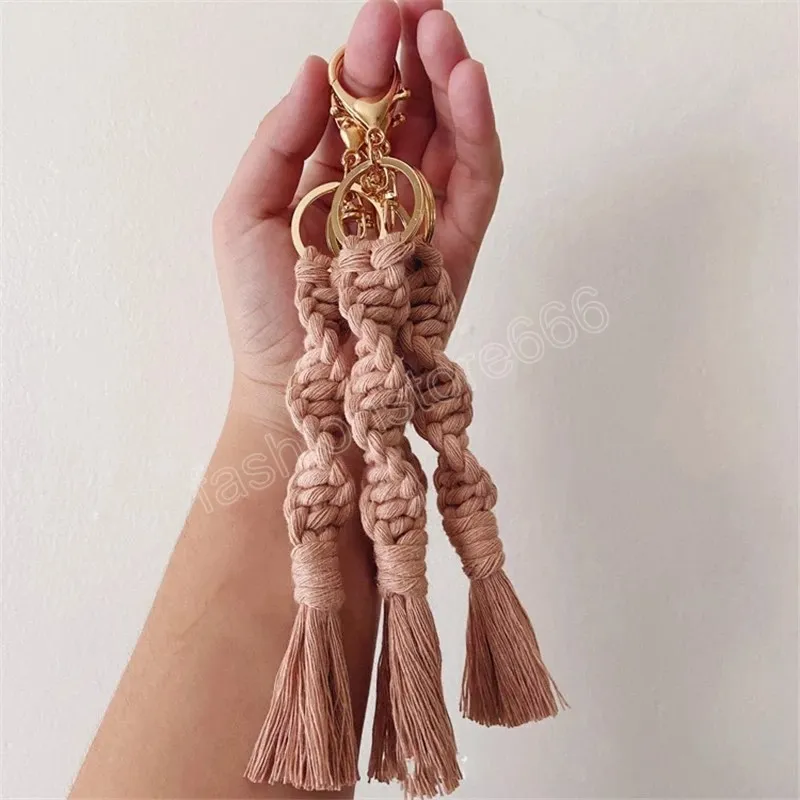Handmade Boho Macrame Keychain Bracelet With Tassel & Lava Rock - Adjustable Wristlet For Women | Beige Cotton