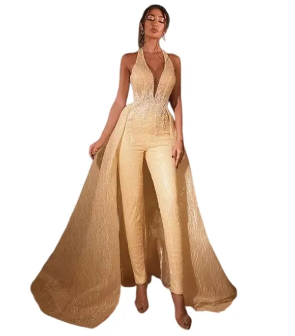 Champagne Gold Wedding Jumpsuit with Detachable Train 2024 Halter Lace Appliqued Shiny Bridal Gown Pant Suit